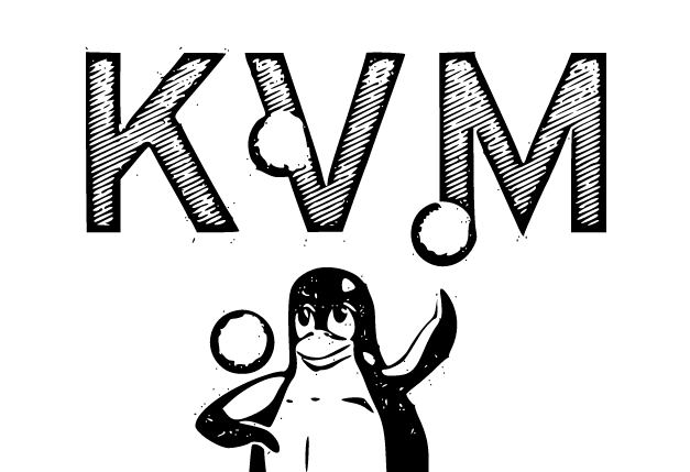Tux, das Maskottchen von Linux jongliert mit B&auml;llen. Dar&uuml;ber der Schriftzug KVM