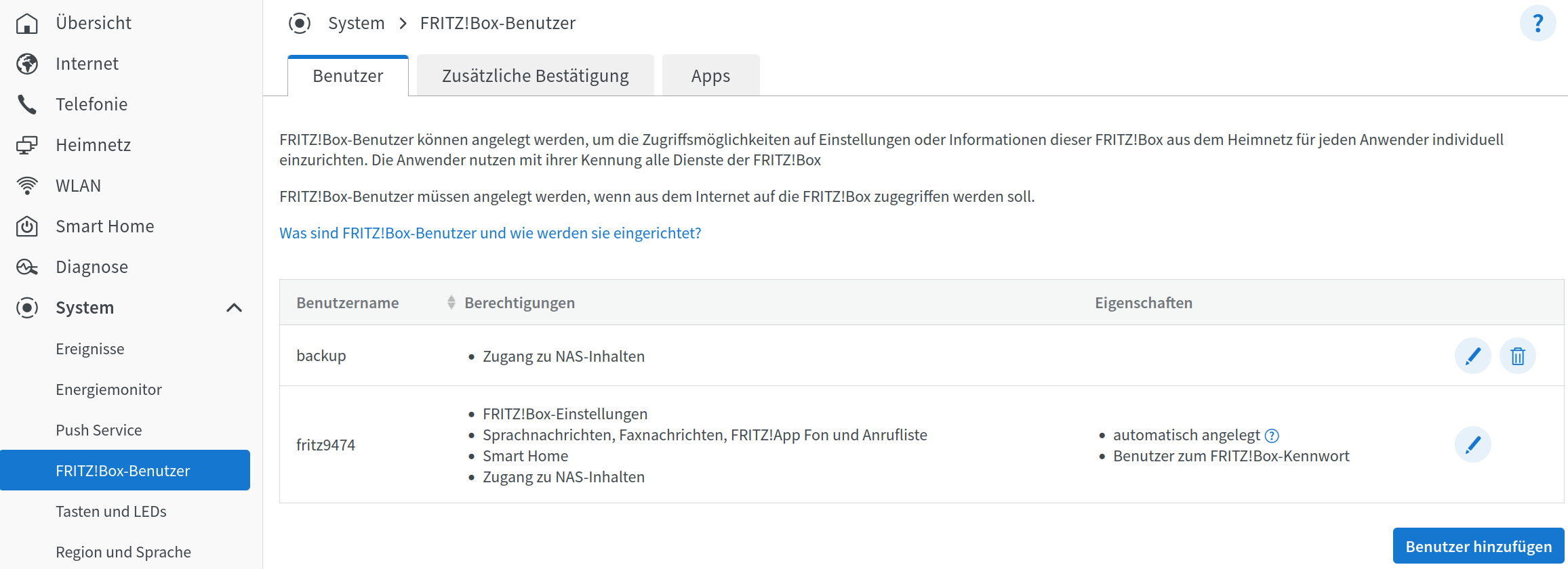 Router FribzBox: Benutzer hinzuf&uuml;gen
